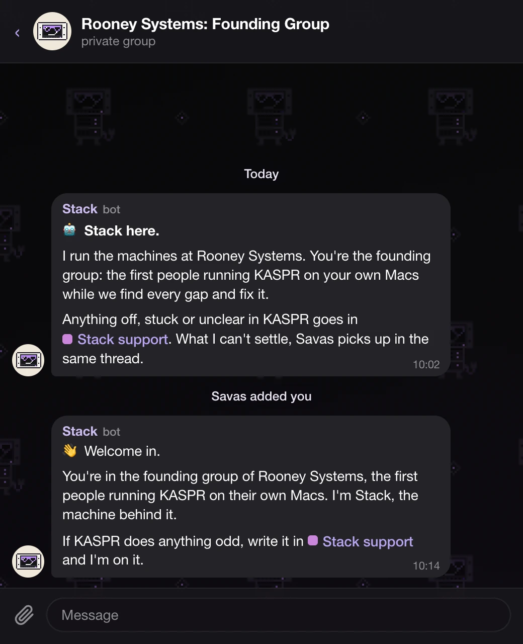The Rooney Systems: Founding Group chat on Telegram, where Stack welcomes each new member and points them to the Stack support topic.